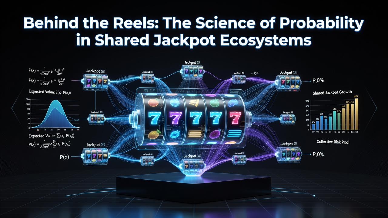 Detailed illustration of interconnected slot machines linked through a shared progressive jackpot network with probability calculations overlay