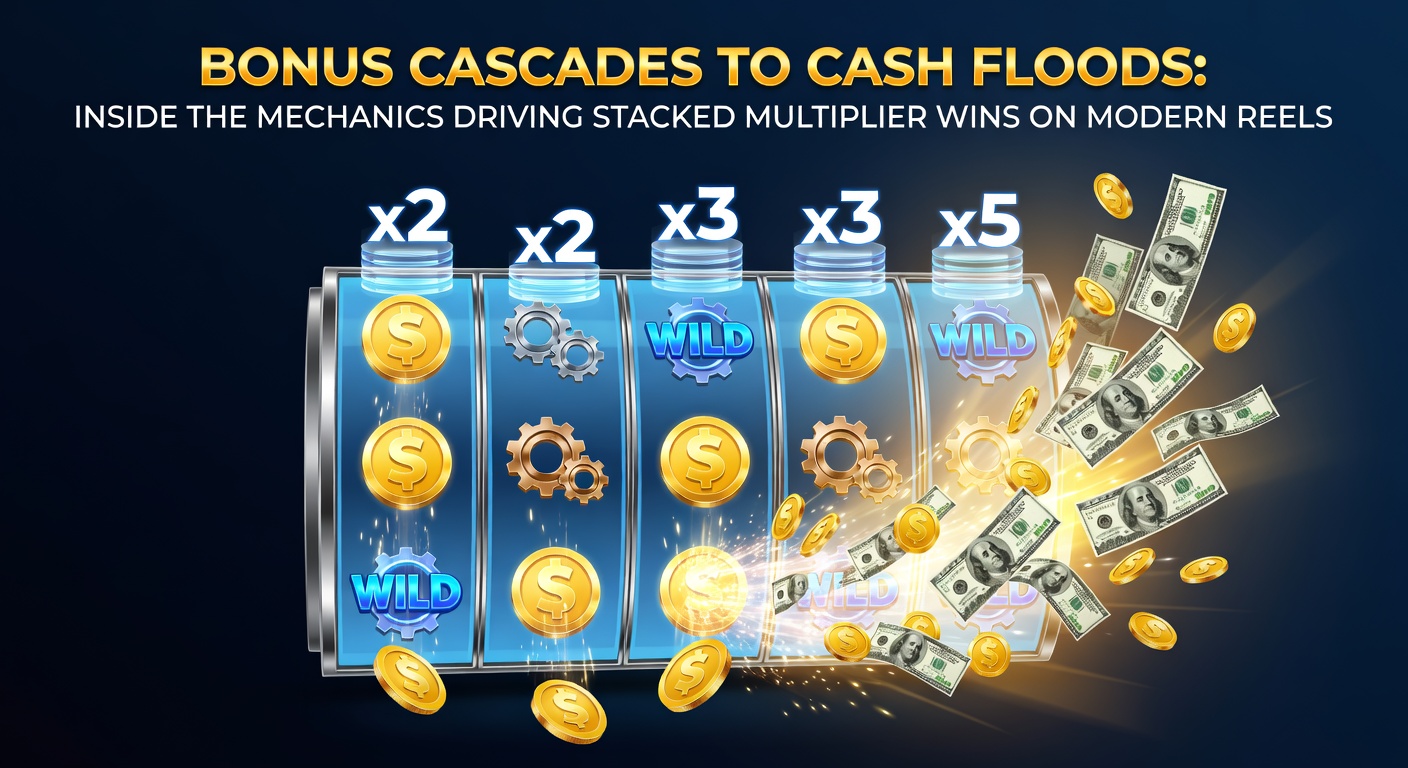 Vibrant slot reels showing cascading symbols exploding and new ones dropping into place, building multiplier stacks