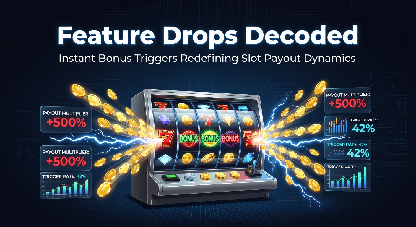 Vibrant slot machine screen displaying a feature drop activation with cascading bonuses and glowing triggers