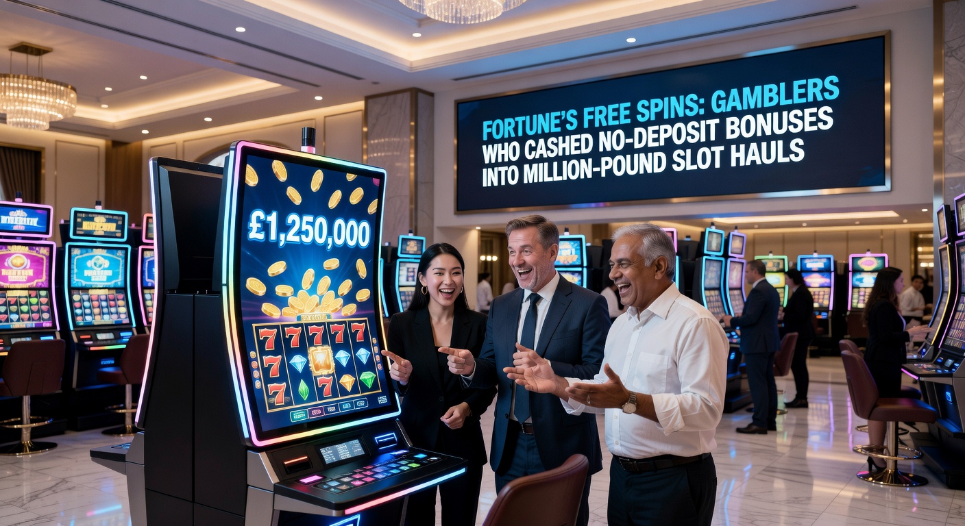 Close-up of a player's screen showing a no-deposit free spins bonus round triggering a massive jackpot payout, with coins raining down amid glowing reels