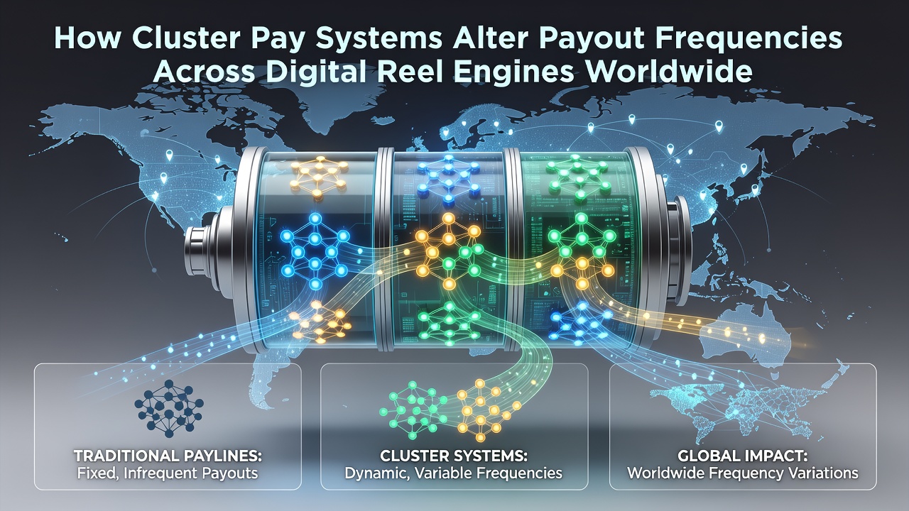 Digital slot interface displaying cluster pay mechanics with adjacent symbol groups highlighted on the reels