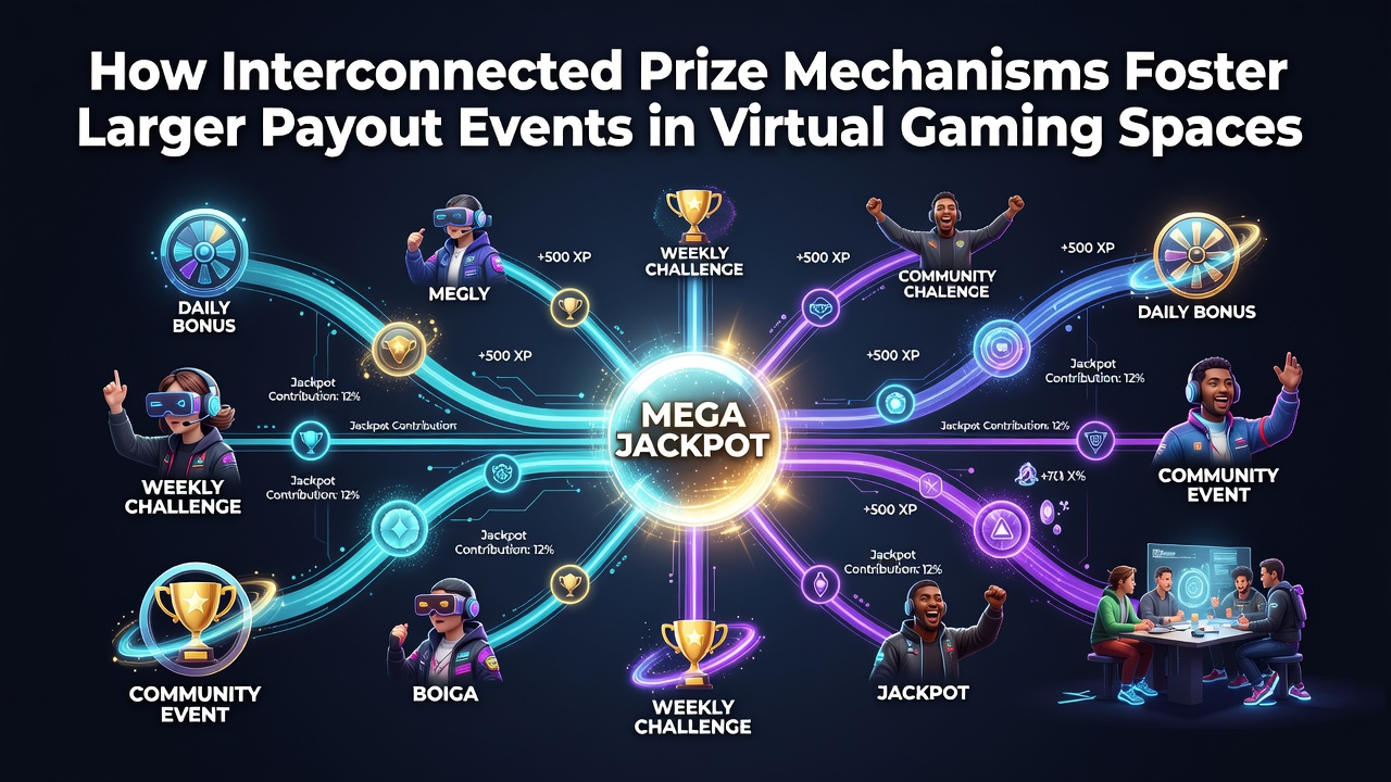 Network diagram showing interconnected prize mechanisms across multiple virtual gaming platforms and global player contributions