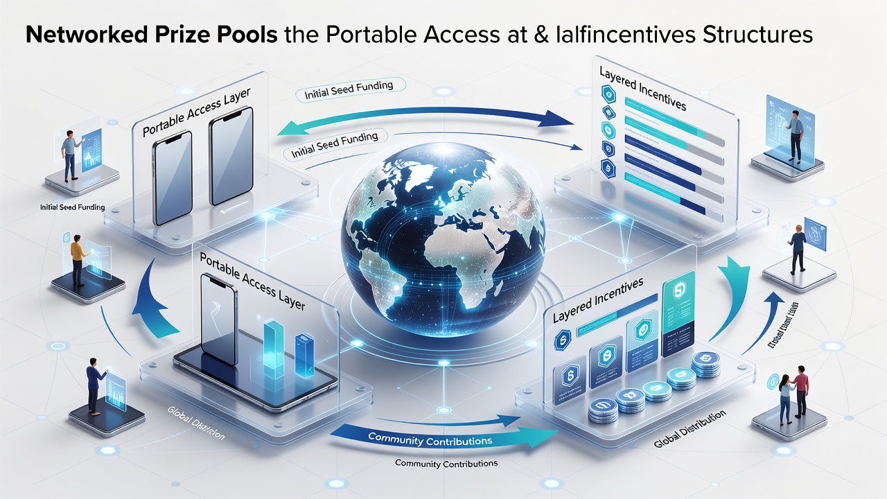 Global network visualization showing interconnected prize pools accessed via mobile devices in various regions