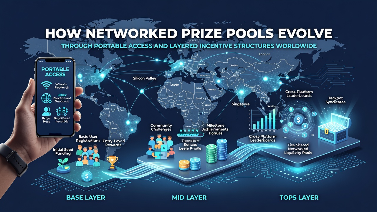 Illustration of tiered reward structures overlaid on mobile interfaces connected to global jackpot networks