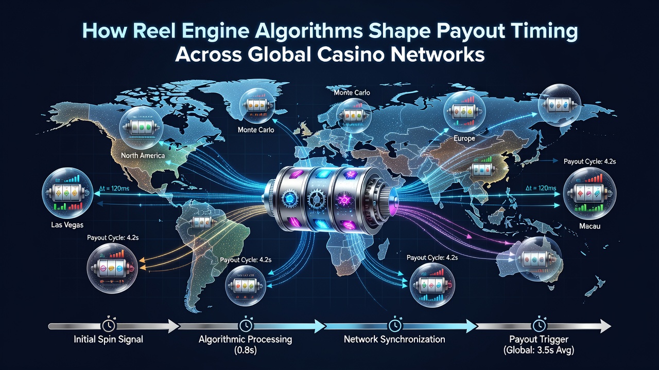 Network diagram showing interconnected casino servers and reel engine data flows
