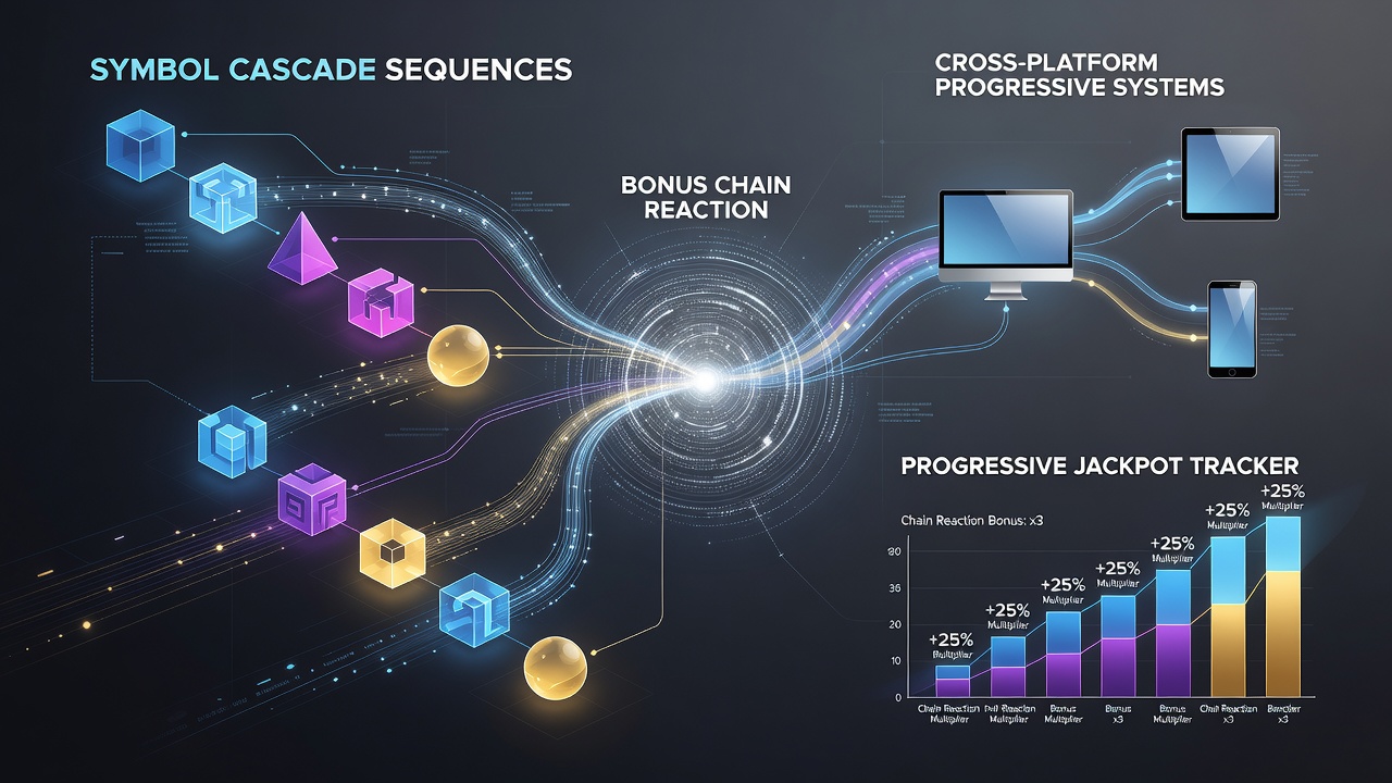 Illustration of bonus chain reactions linking multiple progressive jackpot tiers across mobile and desktop platforms