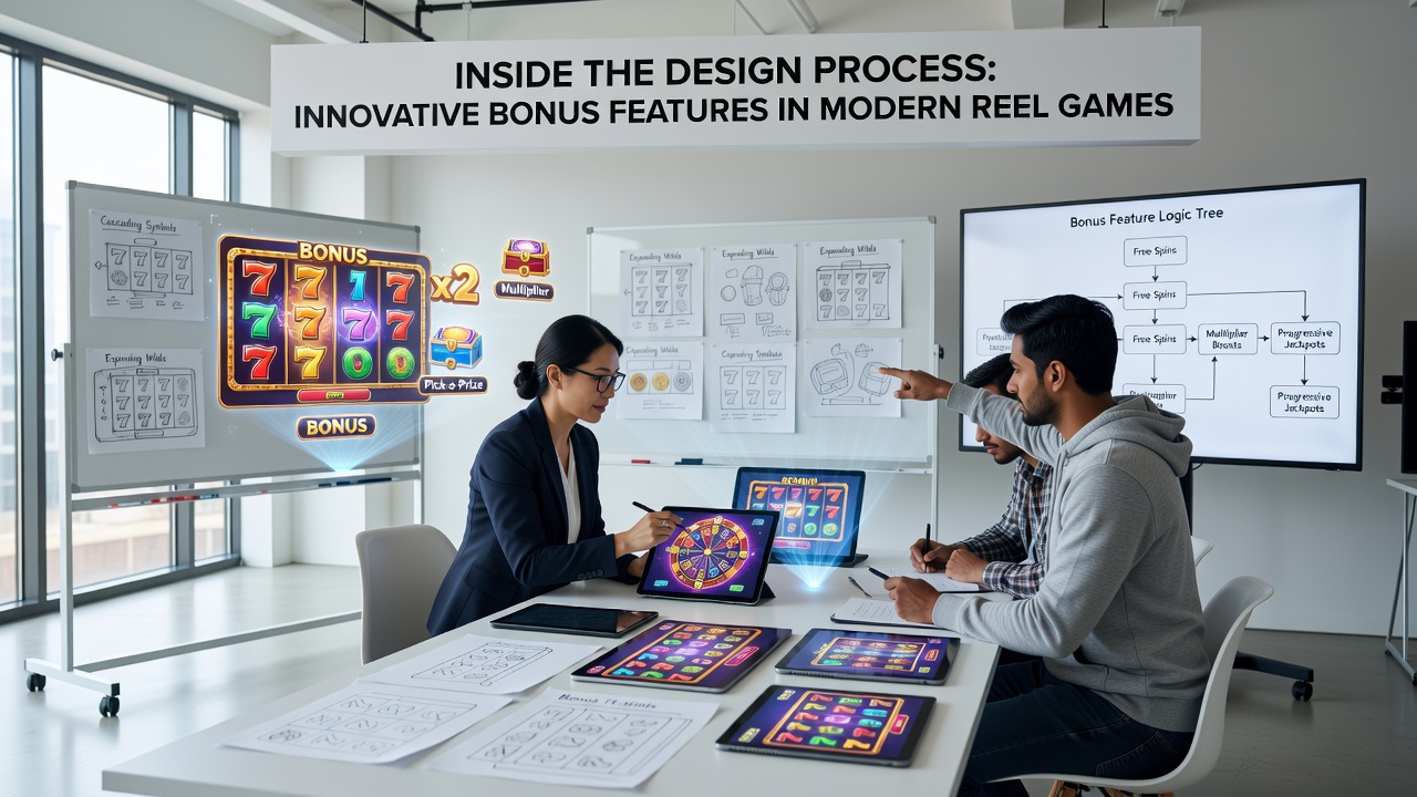 Design team collaborating on innovative reel game bonus mechanics in a studio setting