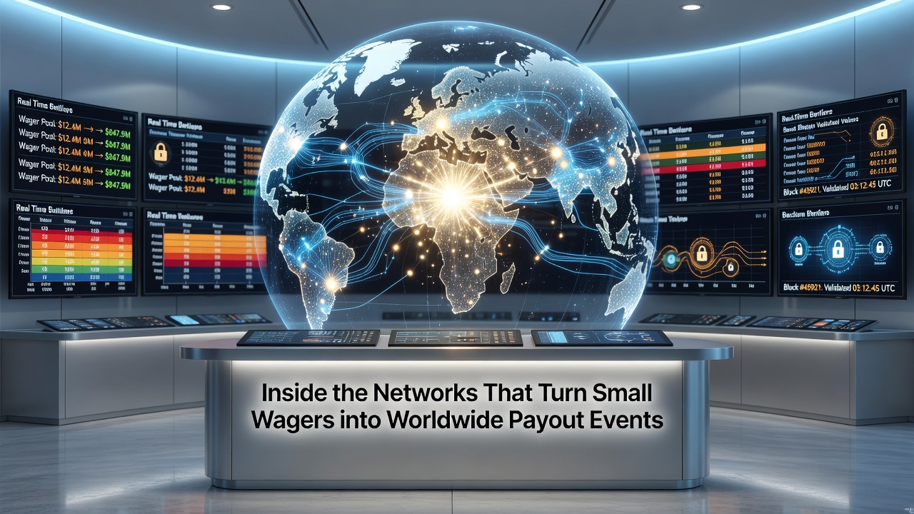Diagram showing interconnected slot machines across global locations contributing to a shared progressive jackpot pool