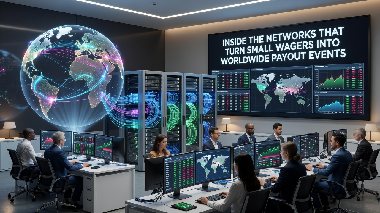 Network operations center with multiple monitors displaying real-time jackpot totals from linked gaming machines across continents