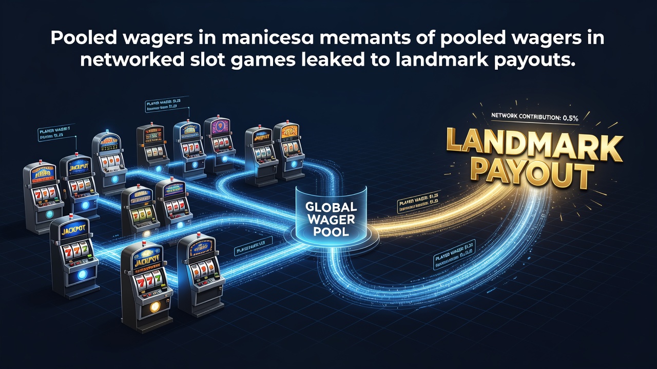 Diagram showing interconnected slot machines contributing to a central progressive jackpot pool across multiple casinos
