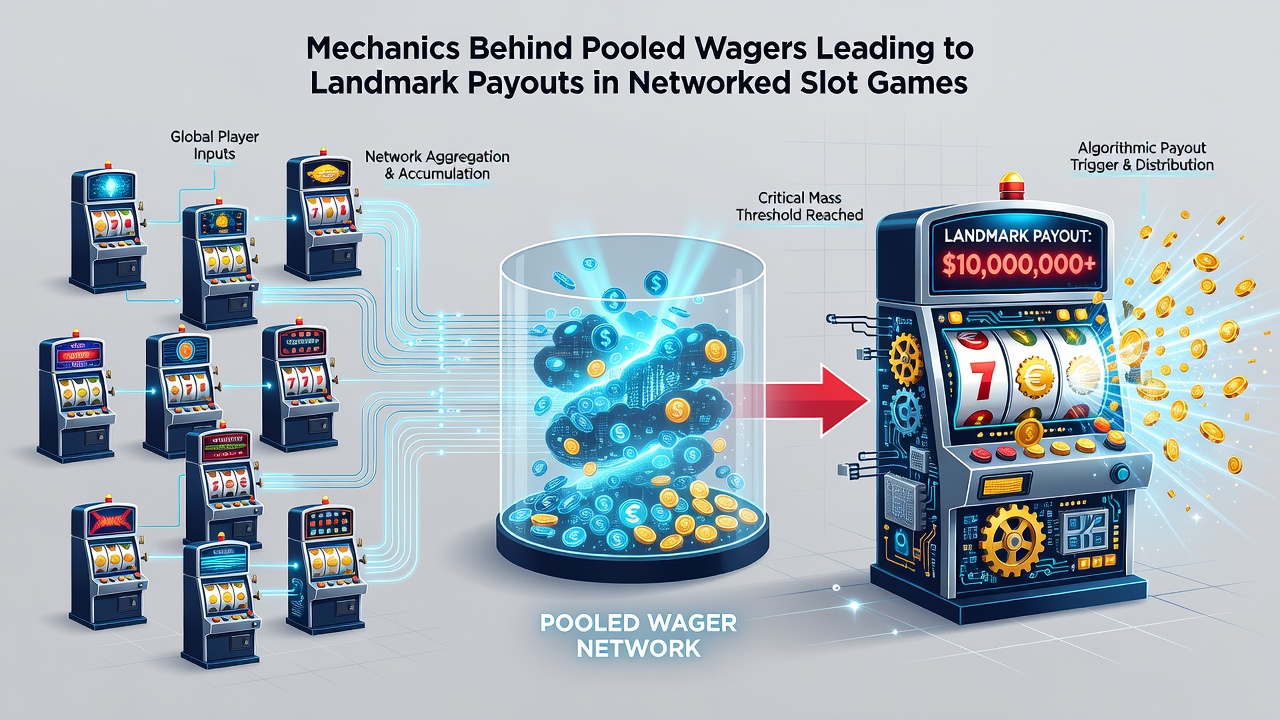 Illustration of a networked jackpot meter climbing as player wagers accumulate across linked slot terminals worldwide