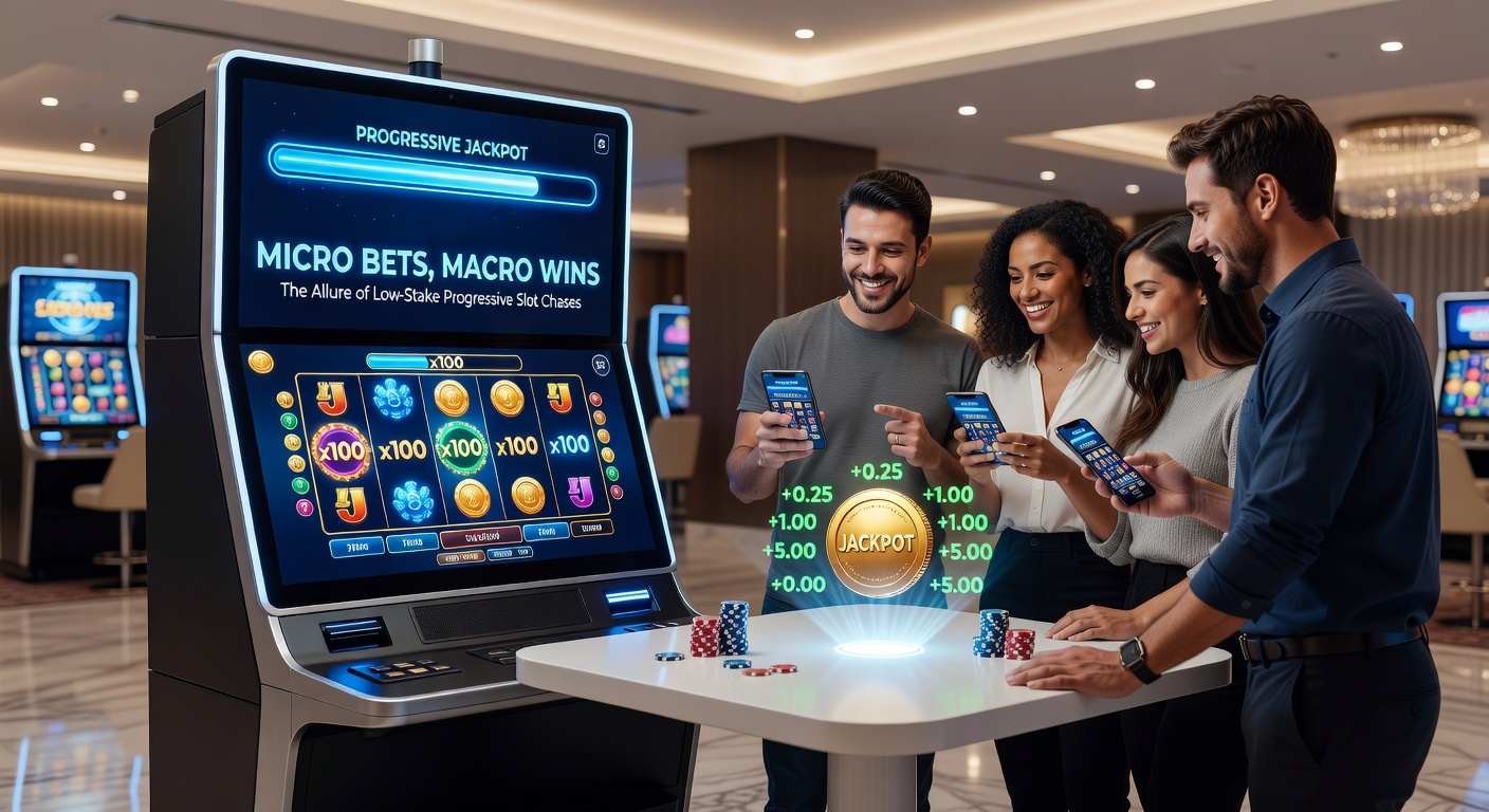 Player at a casino excitedly watching a progressive slot jackpot tick upward on a touchscreen, with coin stacks representing micro bets in the foreground contrasting the glowing million-dollar prize display