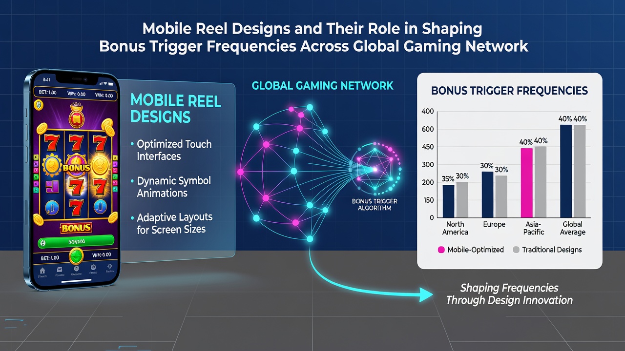 Global network diagram illustrating how mobile reel adaptations affect bonus trigger statistics across international servers