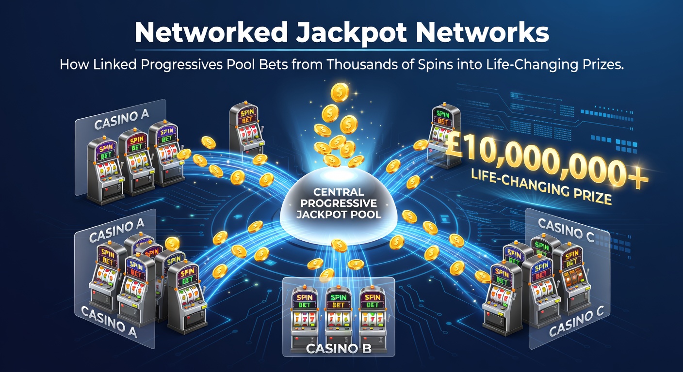 Vibrant digital display of a progressive jackpot meter climbing rapidly amid interconnected slot machine networks