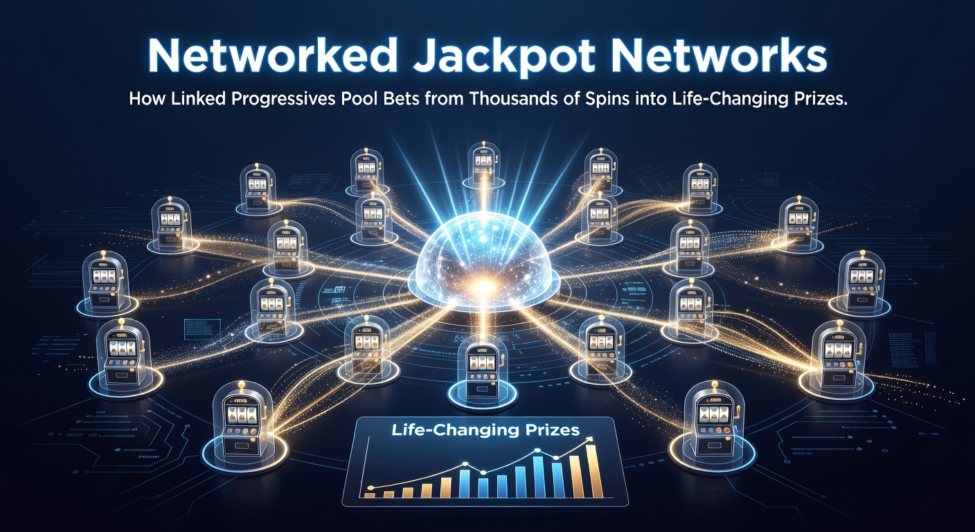 Close-up of interconnected slot reels with glowing jackpot links spanning digital and physical casino floors
