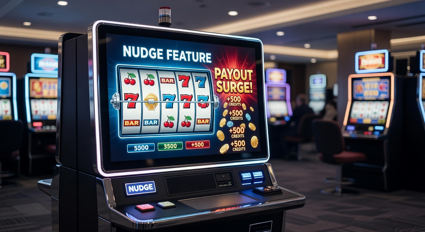 Close-up of a slot machine reel nudging into a winning alignment, symbols shifting subtly for a surprise payout