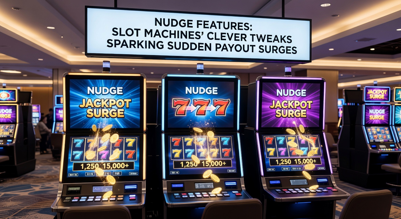 Animated slot screen showing a series of nudge activations leading to a cascading payout explosion with coins and symbols aligning perfectly