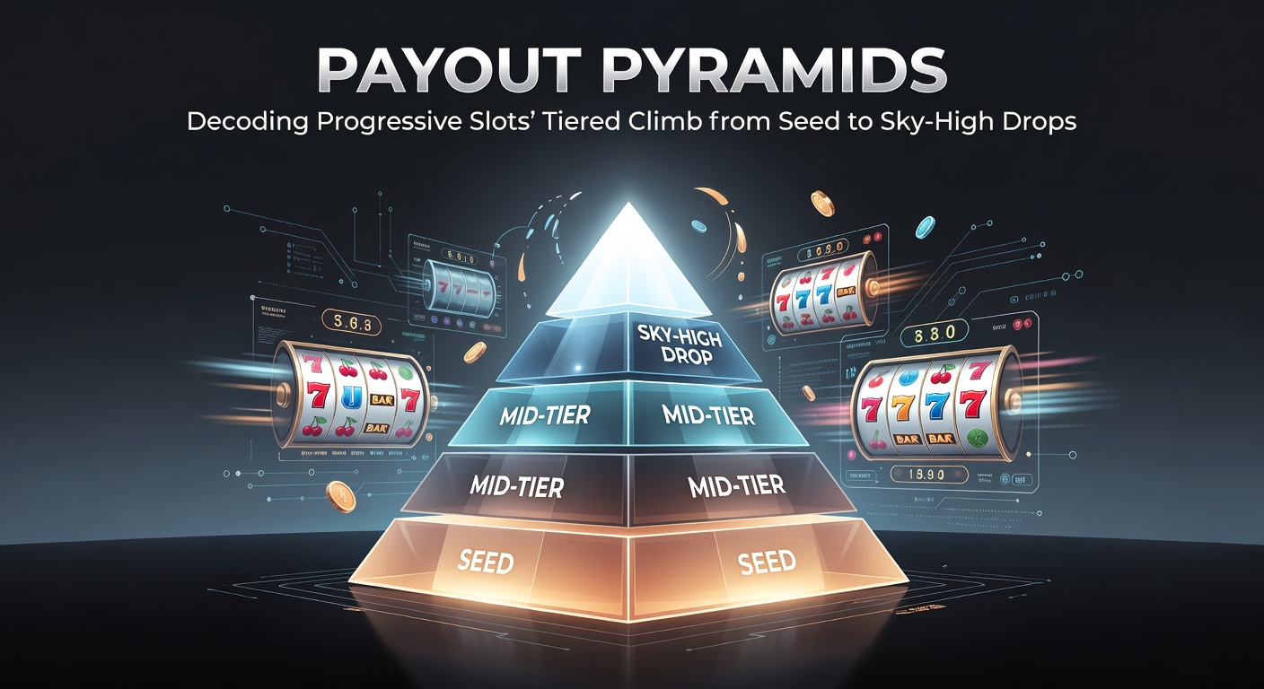 Graphic illustration of a pyramid structure showing tiered jackpot levels climbing from mini seed to grand summit in a progressive slot game