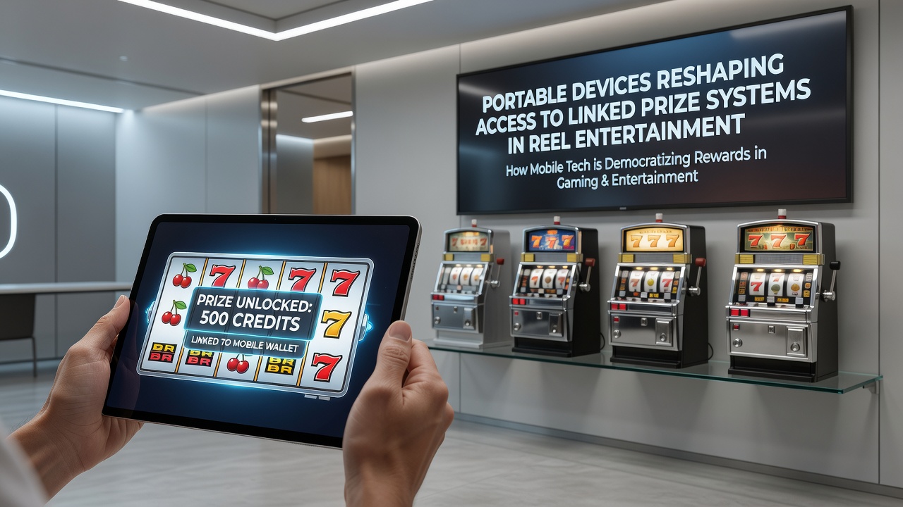 Portable devices displaying networked slot interfaces with linked jackpot indicators