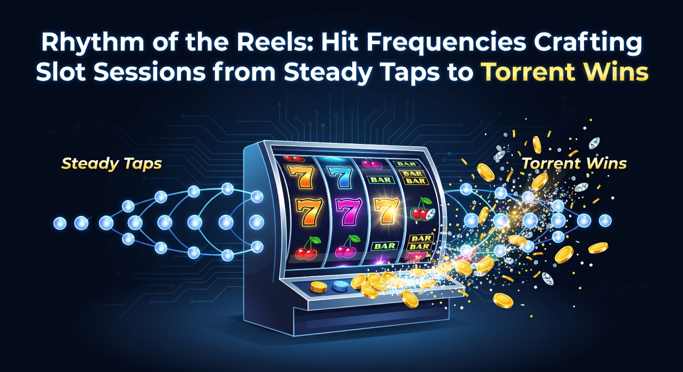 Slot machine reels spinning with glowing win lines illustrating varying hit frequencies from small steady payouts to massive cascading jackpots