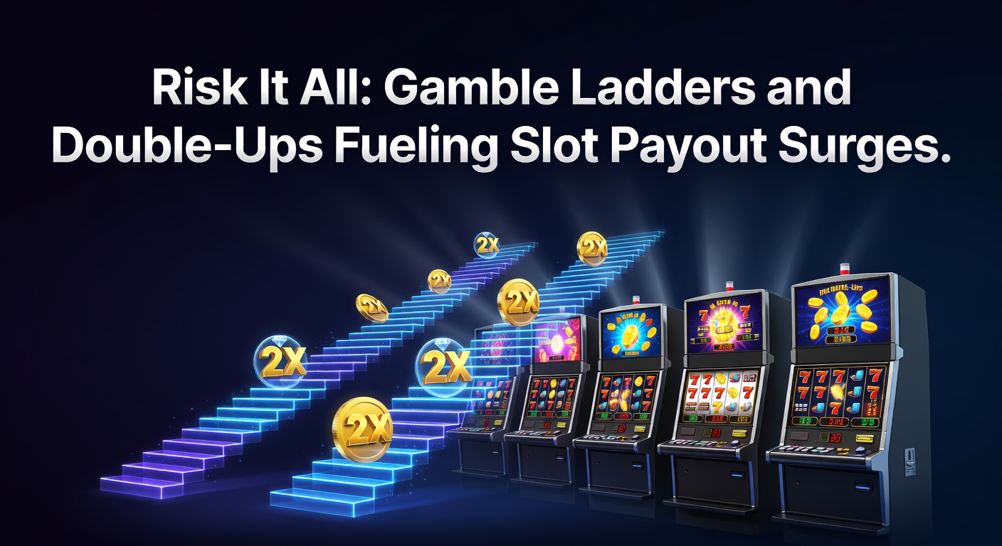 A vibrant slot machine screen displaying a gamble ladder feature with multipliers climbing toward a massive payout, lights flashing in anticipation