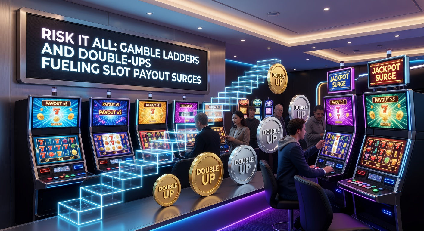 Close-up of a slot gamble screen showing a double-up card flip feature, with red and black options glowing and a potential doubled payout displayed prominently