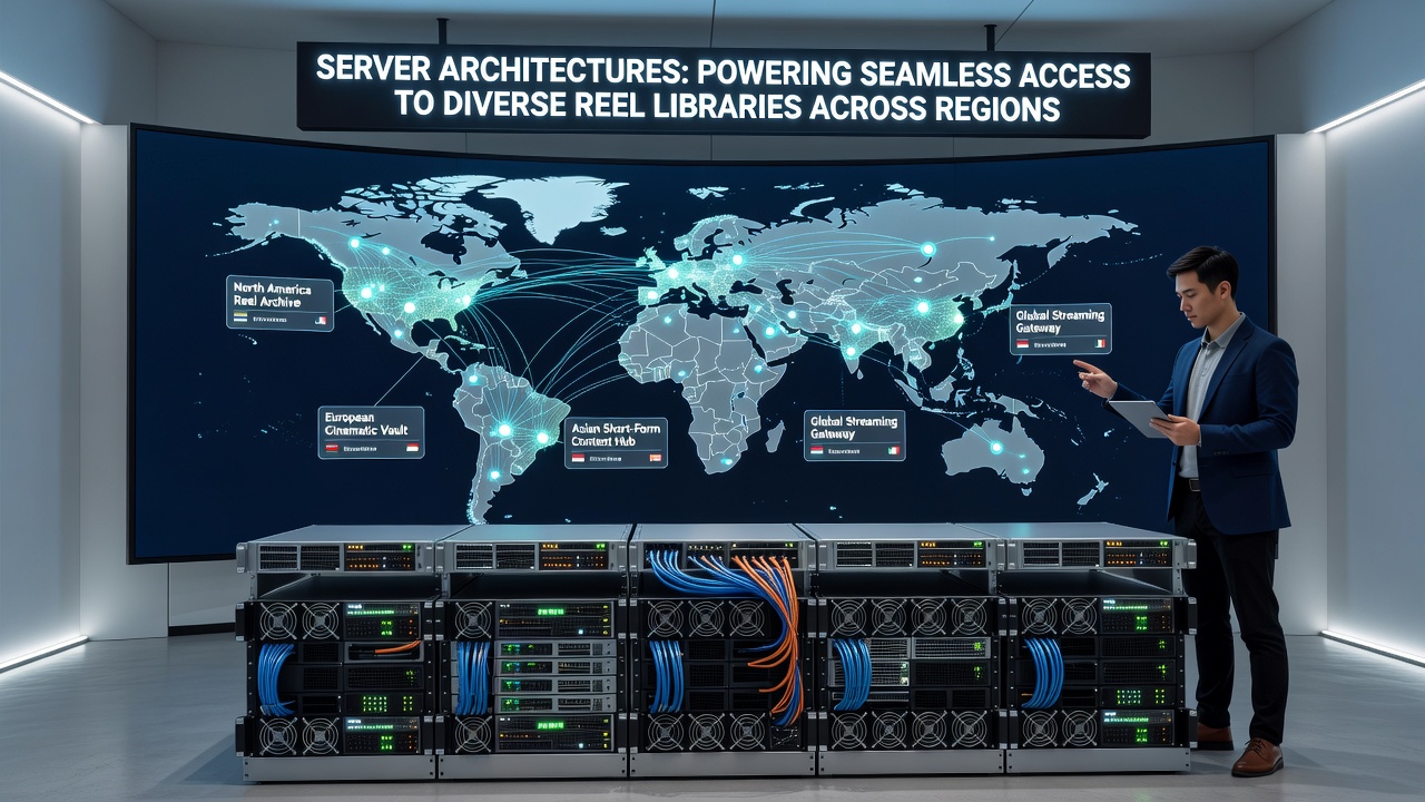 Network diagram showing edge servers connecting diverse regional reel libraries
