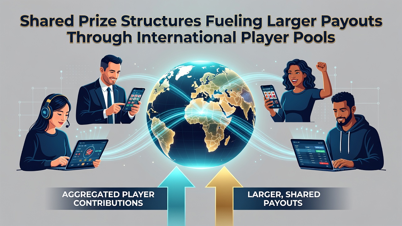 Visual representation of international player pools contributing to escalating jackpot meters on digital slot interfaces