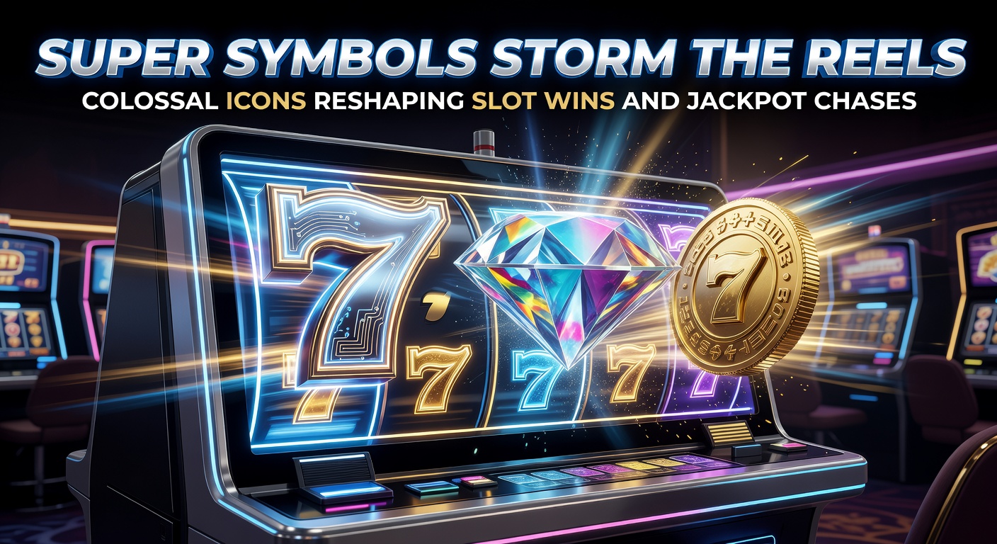 Vibrant slot reels displaying massive super symbols spanning multiple positions, triggering cascading wins and jackpot features