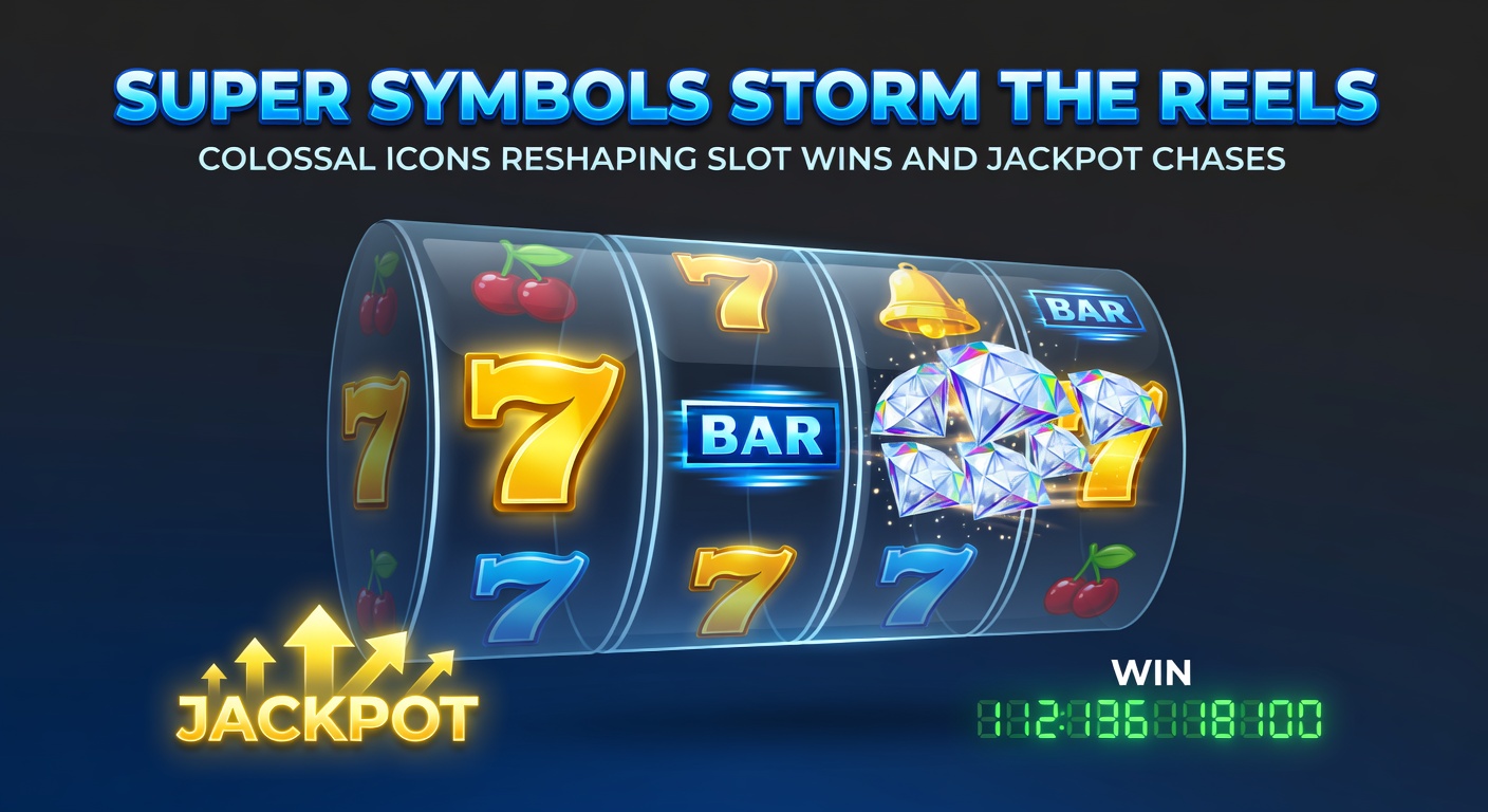Close-up of a colossal super symbol expanding across slot reels, igniting multipliers and jackpot progress bars