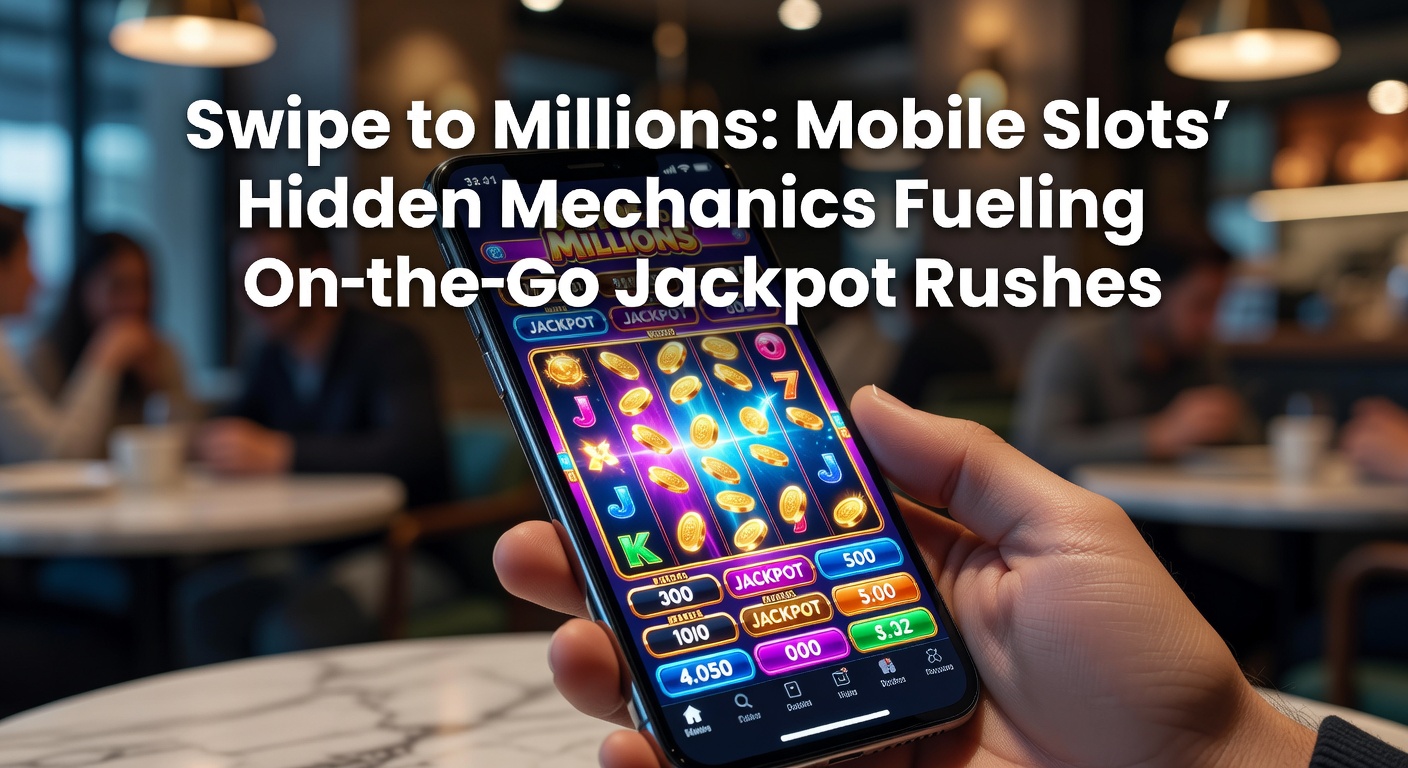 Smartphone screen displaying vibrant mobile slot game with jackpot counters ticking upward amid colorful reels and swipe gestures