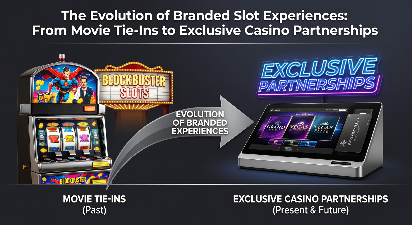 Early branded slot machines featuring movie themes alongside modern casino partnership displays