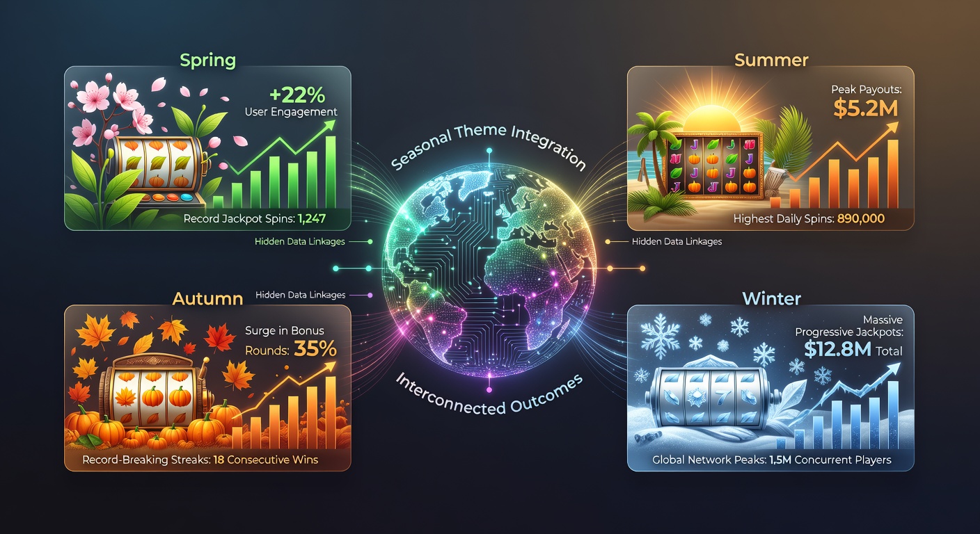 Interconnected slot networks displaying seasonal themes with progressive jackpot indicators during peak holiday periods