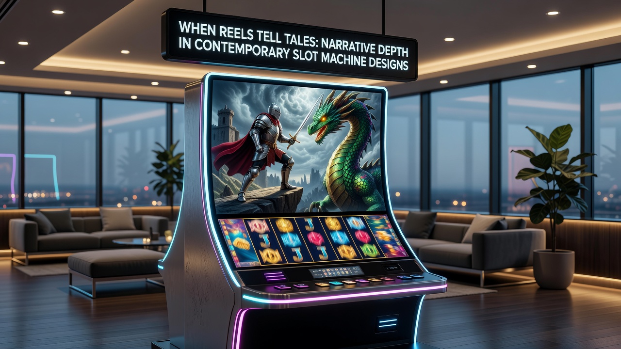 Detailed view of slot interface showing character progression panels and evolving narrative backgrounds