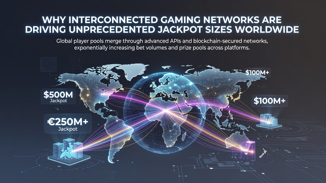 World map highlighting interconnected casino networks and major jackpot payout locations