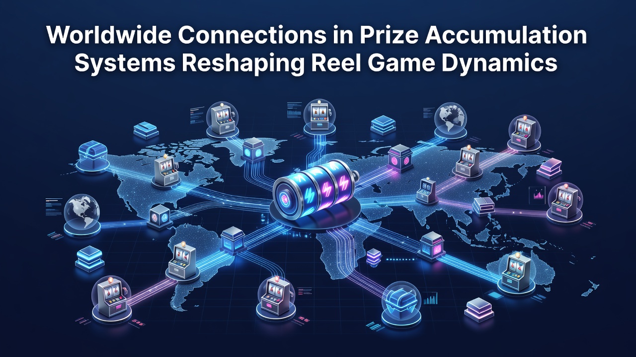 Network diagram showing interconnected prize accumulation systems linking slot machines across multiple continents and casinos