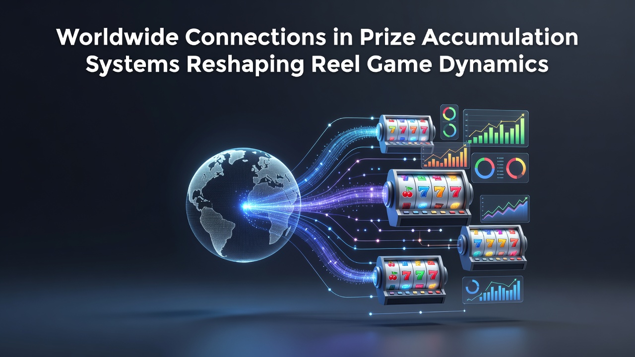 Slot machine interface displaying a growing global jackpot with connected reels and bonus features