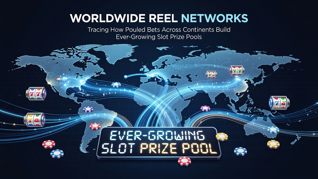 World map overlay showing slot jackpot growth across connected continents